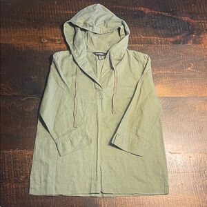 Ellen Tracy Linen Blend Olive Green Hooded Tunic Pullover